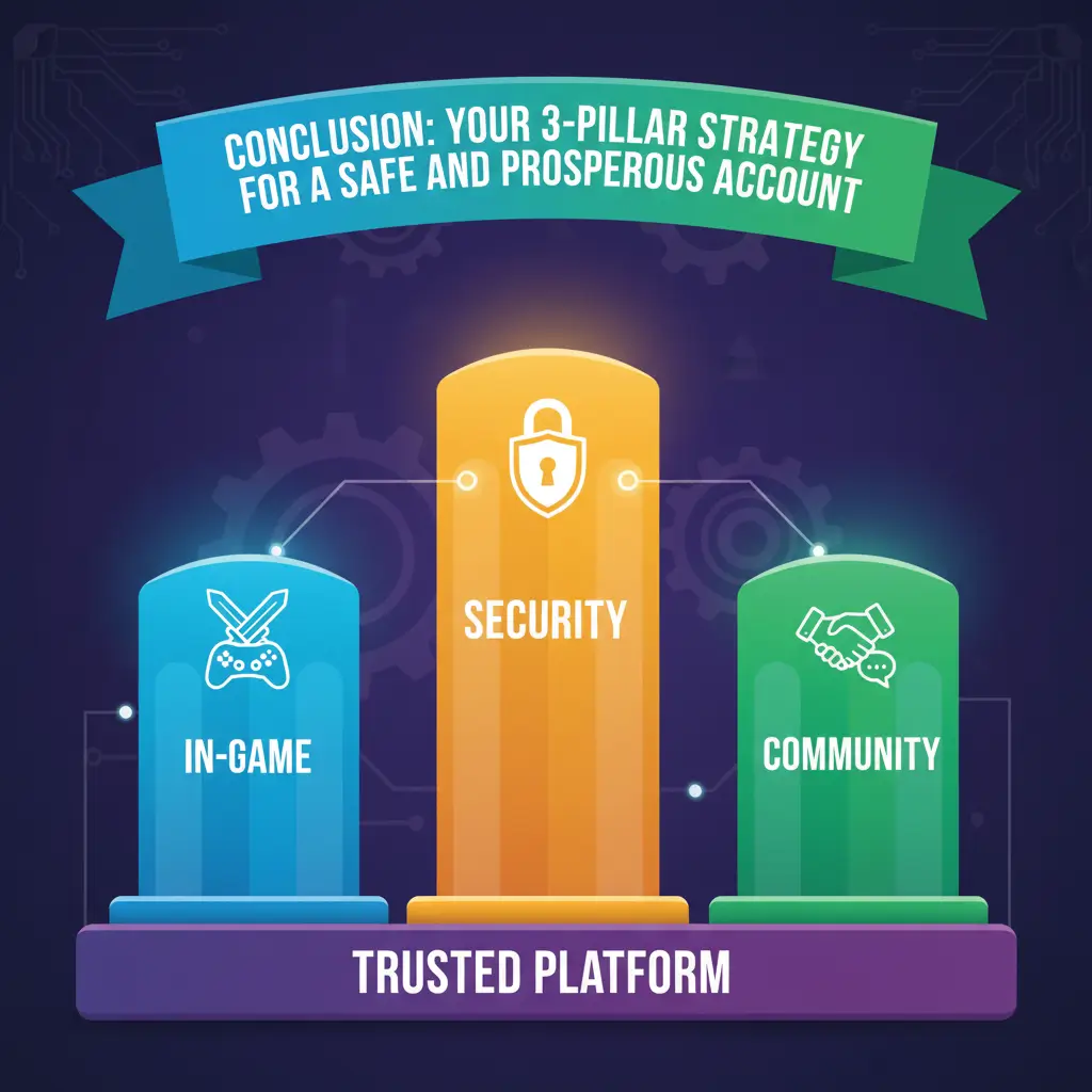Infographic summarizing the 3-pillar strategy for Brawl Stars: a guide to a safe and prosperous account.