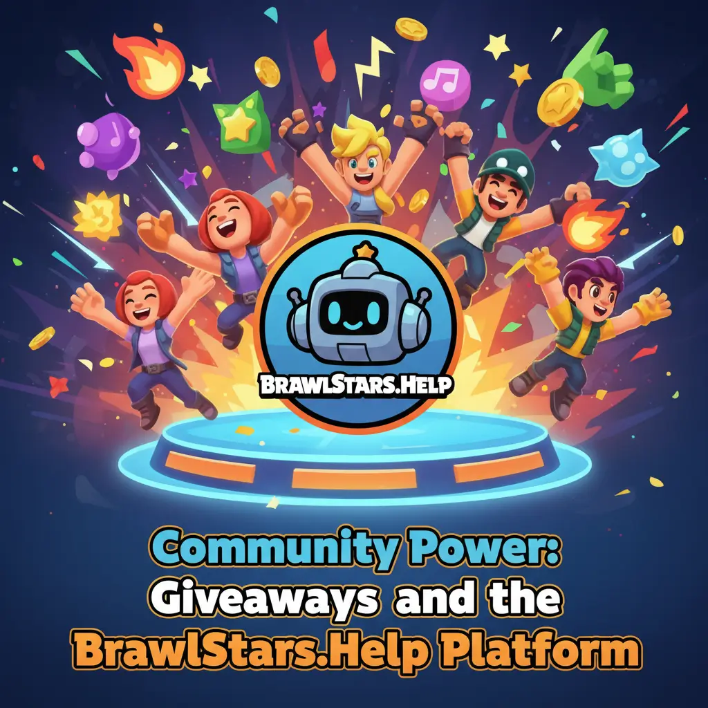 Brawl Stars characters celebrating with the BrawlStars.Help logo, representing a legit giveaway platform.